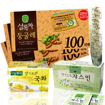 설록차 둥굴레 100Tx3+자스민 20T+국화 20T+통신비2000원(SKT,KTF,LGT)+종이컵1Box(1,000개) 