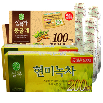 설록차 현미녹차 200Tx2+둥굴레 100Tx2+통신비 2000원(SK,KTF,LG) 1장+종이컵 1Box(1,000개) 