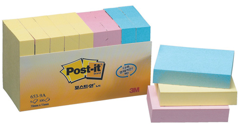 3M 일반포스트잇 오피스팩(노랑+분홍+파랑) #653-9A (51*38/100매*3색9패드)