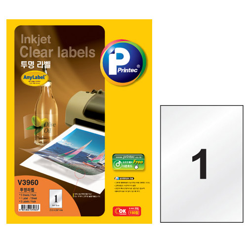 애니라벨 잉크젯전용 투명라벨(1칸) 5매 V3960 