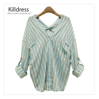 P110325001147.트랜디한 스트라이프 노카라 V넥 루즈핏 롤업소매 셔츠_L1113 