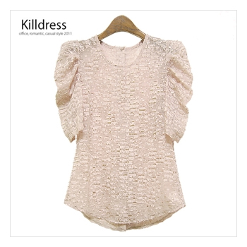 [인기]P110216000573.세련된 시스루 스타일 셔링퍼프소매 라운드넥 뒷단추 블라우스_L1051 