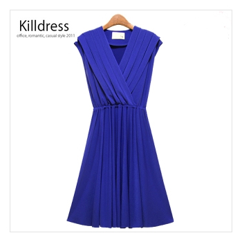 P110408001777.고급스럽고 우아한 핀턱 주름장식 랩스타일 넥크라인 원피스_L1136