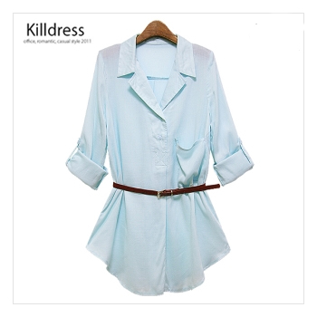 [77사이즈까지+벨트SET]P110425000251.센스있는 스타일링 벨트SET 반오픈 롤업소매 린넨 롱 블라우스_L1161