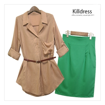 P110425000477★3종세트★+77사이즈까지+자체제작으로 퀄리티업!!★센스있는 반오픈 롤업소매 린넨 롱블라우스+벨트+심플