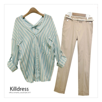 P110325001159.[3종셋+벨트까지+77size]스트라이프 노카라V넥 루즈핏 롤업소매셔츠+벨트+자개단추장식 심플일자팬츠_L1115