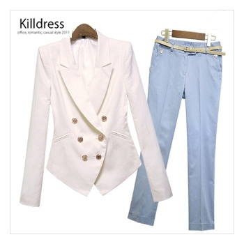 P110416000187.[3종SET+77사이즈까지]슬림 입술포켓장식 금장더블 린넨자켓+벨트+심플 자개단추장식 포인트 일자팬츠_L114