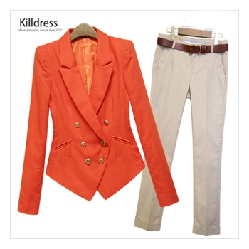 P110418000395.[2SET+77사이즈까지]슬림라인 입술포켓장식 금장더블 린넨자켓 + 베이직 심플 사선포켓 카브라 일자 팬츠_L