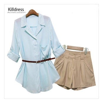 P110502000536★활용도최고+3종세트+77사이즈까지 입고!!★센스있는 반오픈 롤업소매 린넨 롱블라우스+벨트+베이직 앞셔