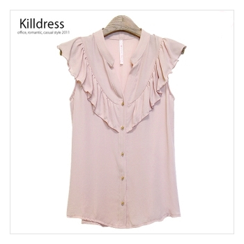 P110603001650.[여름신상~!!]로맨틱한 프릴장식 금장콩단추 쉬폰 블라우스_L1219