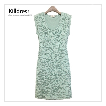 P110603001481.[최강슬림핏~!!]트랜디한 물결주름 슬림라인U넥 민소매 원피스_L1212