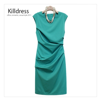 P110601002045★목걸이SET+자체제작+77사이즈까지★럭셔리스타일 라운드넥 언발란스 셔링 원피스_L1215