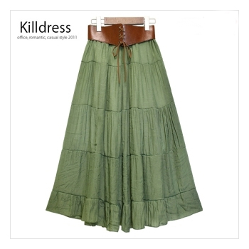 P110602001122[캉캉스커트+77사이즈까지]여름 필수아이템 벨트장식 허리밴드 린넨 티어드 롱 스커트_L1216