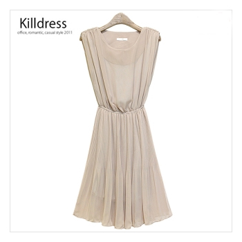 P110530000580.[한여름까지+77사이즈까지]풍성한 기계주름 어깨셔링 허리밴드 쉬폰 원피스_L1208