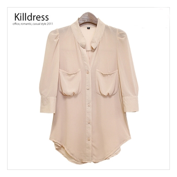 P110519001982★자체제작+77사이즈까지★하늘하늘 로맨틱한 양포켓 반소매 쉬폰 블라우스_L1198