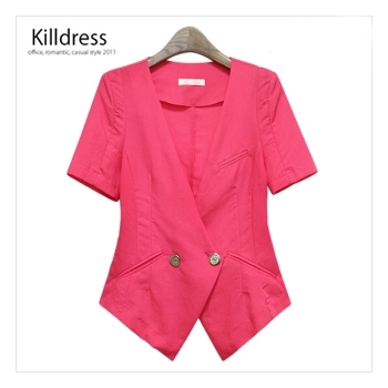 P110518000326.[한여름까지]입술포켓 장식 노카라 반소매 더블 린넨자켓_L1194