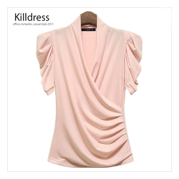 P110504001420.[기획특가+77사이즈까지]촉촉한 촉감 섹시 숄카라 퍼프소매 셔링 랩 티셔츠_L1178