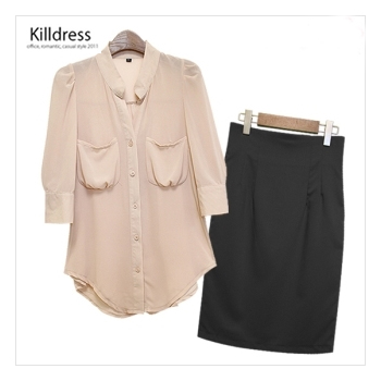 P110519002236.[2SET+77size까지]로맨틱한 양포켓 반소매 쉬폰블라우스+심플 절개 하이웨스트 H라인스커트_L1199