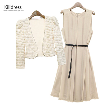 P110531004377.[3SET+77사이즈까지]구슬포인트 7부소매 웨이브 미니볼레로+벨트+살랑살랑 풍성한 주름 민소매 쉬폰원피스_