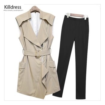 P110523001373.[2SET+88size까지]럭셔리 집업 허리벨트 민소매 트렌치자켓+심플 허리밴딩 여름 스키니 레깅스/팬츠_L1205