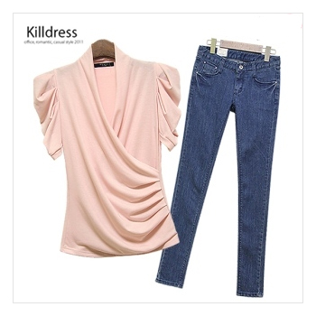 P110521000054.[2SET+77사이즈까지]섹시 숄카라 퍼프소매 셔링 랩티셔츠+날씬핏 포켓 포인트 슬림 스키니 진팬츠_L1202