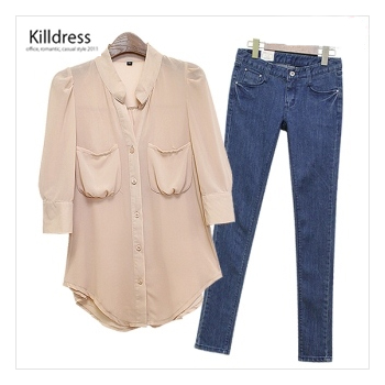 P110520000549.[2SET+77size까지]로맨틱 양포켓 반소매 쉬폰블라우스+날씬한핏 포켓포인트 슬림 스키니 진팬츠_L1201