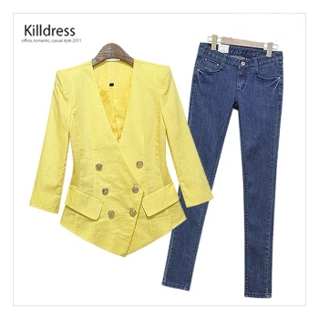 P110520000531.[2SET+77size까지]세련된 노카라 더블 7부소매 린넨자켓+날씬한핏 포켓포인트 슬림 스키니 진팬츠_L1200