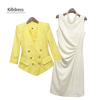 P110519000728.[3SET+77size까지][목걸이까지]더블버튼 7부소매 린넨자켓+민소매원피스+목걸이_L1197