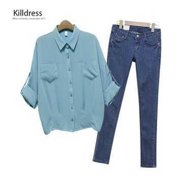 P110516001081.[2SET+77사이즈까지]트랜디스타일 양포켓 롤업소매 루즈핏 블라우스+날씬핏 포켓 포인트 슬림 스키니