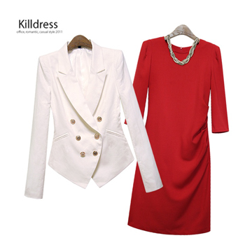 [P110511000674.[2SET+77size까지]슬림 입술포켓장식 금장더블 린넨자켓+럭셔리 라운드넥 허리셔링 7부소매 원피스_L1186