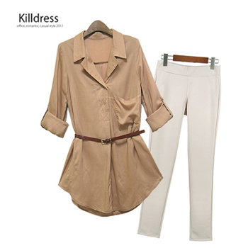 P110506000862.[3SET+88사이즈까지]센스있는 반오픈 롤업소매 린넨 롱블라우스+벨트+편안한 심플 허리밴딩 레깅스/팬츠_L1