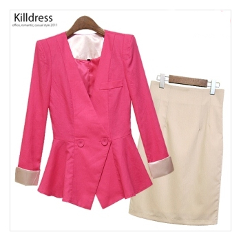 P110503000407.[2종SET+77사이즈까지]여성스러운 노카라 싸개단추 배색 린넨 플레어자켓+심플 절개 하이웨스트 H라인 스커트