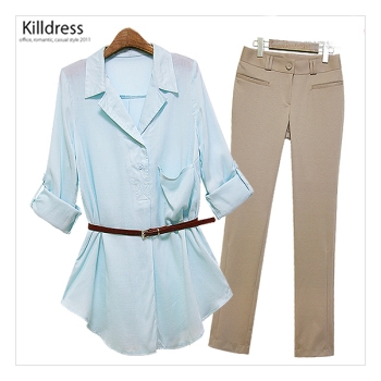 P110426001227.[3종풀셋+77사이즈까지]센스있는 반오픈 롤업소매 린넨 롱블라우스+벨트+모던 심플 싸개버튼 입술포켓장식