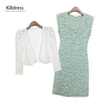 P110607001054.[2종셋~!!]구슬 포인트 7부소매 웨이브 미니볼레로+트랜디한 물결주름 슬림라인 U넥 민소매 원피스_L1213 