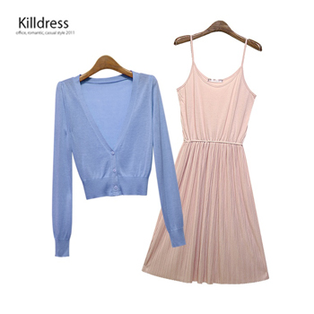 P110408001742.[2SET]달콤컬러 가볍고 부드러운 파스텔 미니가디건+풍성기계주름 허리밴딩 슬리브리스원피스_L11