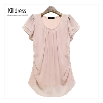 P110610001179.히트!![블라우스같은 티셔츠~!!] 앞쉬폰 2단 날개소매 티셔츠 _L1224