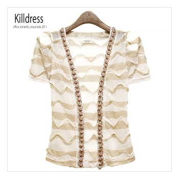 P110611000166[주목~!!]은은한펄 웨이브 비즈 스팽글장식 반팔소매 가디건_L1226