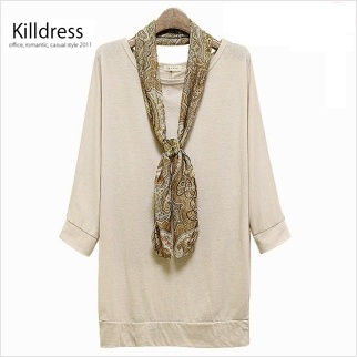 L1222[스카프SET+77사이즈까지]고급스런 스카프SET 가오리라인 7부소매 루즈핏 롱티셔츠