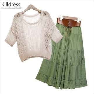 L1228[2종SET+77사이즈까지]숏한 길이감의 루즈핏 스카시 니트+벨트장식 허리밴드 티어드 롱스커트