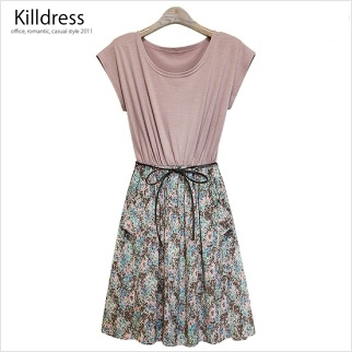 [여름신상~!!] L1238 발랄하고 여성스러운 플라워 배색 플레어원피스 **허리끈 세트 ***