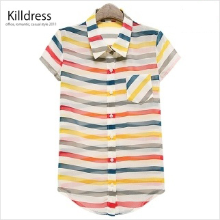 [여름신상~!!]산뜻한컬러 세련된 배색 스트라이프 쉬폰 블라우스_L1251