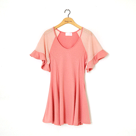 인기! 00799 Mesh sleeve ruffle OPS