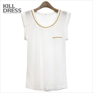 [여름신상~!!]유니크한 디자인 체인장식 쉬폰배색 꼬임 카브라소매 티셔츠_L1270