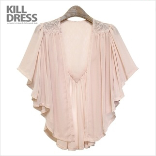 [인기~! 77사이즈까지]로맨틱 절정 셔링 레이스 포인트 날개소매 쉬폰 가디건_L1266