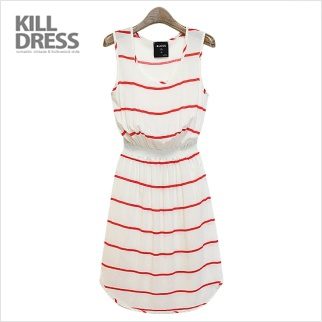 [마린룩!!]깔끔 발랄 스트라이프 허리밴딩 민소매 원피스_L1272