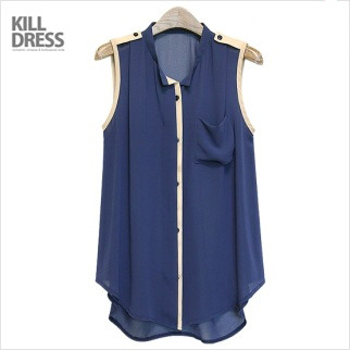 [여름신상~!!]세련된 배색 견장장식 민소매 쉬폰 블라우스_L1275