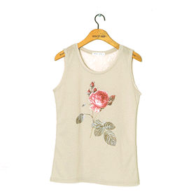 08925 플라워 프린트 레이스 슬리브리스 