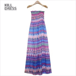 L1291 [바캉스룩!!_77사이즈까지]이국적인 나염 가슴 스모크밴딩 롱원피스