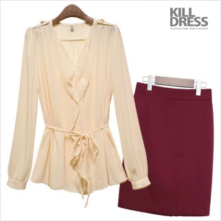 베스트!! [2SET+77size까지]허리끈SET 네추럴 프릴 견장장식 블라우스+다양한 컬러 심플 기본 H라인 스커트_L1305