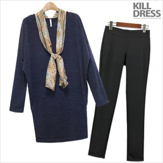 기획특가! [3종셋+88사이즈까지]페이즐리스카프+가오리 원피스형 롱니트+심플 허리밴딩 스키니 팬츠_L1321